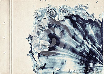 A sheet of old vintage paper stained with blot of blue watercolor paint. Fine grunge artistic background for creative design. Scan Stock Photo