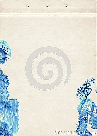 A sheet of old vintage paper stained with blots of blue watercolor paint. Fine grunge artistic colored background for original des Stock Photo
