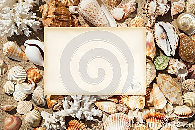 A sheet of paper on the background of exotic shells. Stock Photo