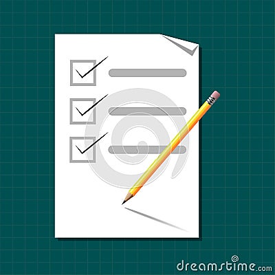 Sheet of paper with check marks. Checklist with pencil vector illustration Vector Illustration