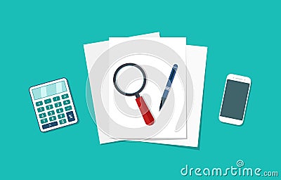 Sheet of paper on desk with calculator, loupe and smartphone for audit. Document of report with pencil. Blank letter on table in Vector Illustration