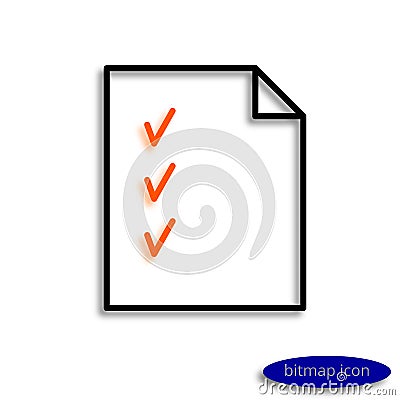 A sheet of paper with orange ticks and a curved corner casting a shadow, a graphic bitmap line icon Stock Photo