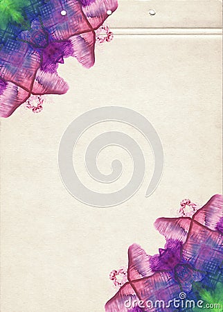 A sheet of vintage brown textured paper decorated with a pattern of symmetrical watercolor painted purple flowers. Fine grunge art Stock Photo