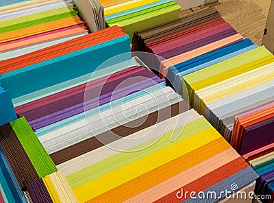 Sheets colored cardboard for designer creative works. Stacks multicolored drawing paper in the store. Colorful art papers on shelf Stock Photo