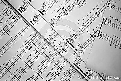 Sheets of musical notes. Still life. Musical notation. Treble clef. Music for people and learning. Art education. Stock Photo