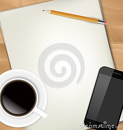 Sheets of paper, pencil, cup of coffee and smartphone Vector Illustration