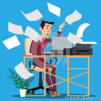 Sheets Of Paper From The Printer Scattering Around And On Frightened Manager Vector. Isolated Illustration Vector Illustration