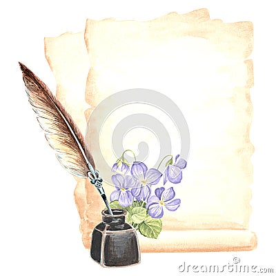 Sheets of papyrus paper, inkwell with feather pen and wild violets flowers bouquet. Vintage writing supplies. Template Cartoon Illustration