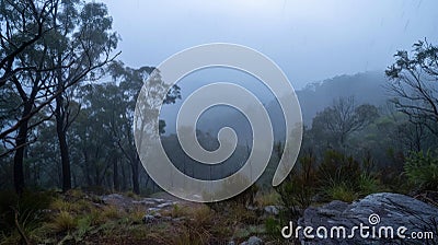 Sheets of rain pour down creating a blanket of mist and obscuring the once clear view of the horizon Stock Photo