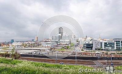 Sheffield City Centre UK no logos or signs panoramic wide angle view steel city with railway station and university campus Editorial Stock Photo