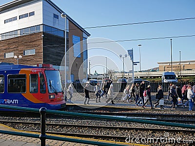 Sheffield Supertram disembarking passengers at Mwedowhall south Tinsley Editorial Stock Photo