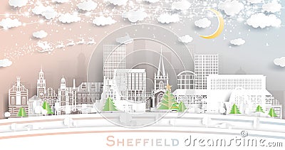 Sheffield UK. Winter City Skyline in Paper Cut Style with Snowflakes, Moon and Neon Garland. Christmas, New Year Concept. Santa Stock Photo