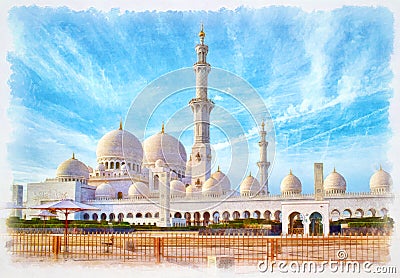 Sheikh Zayed Grand Mosque, watercolor painting Stock Photo