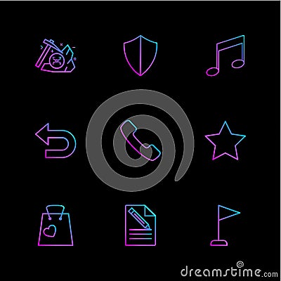 sheild , music, back , phone, star , shopping bag , file , docu Vector Illustration