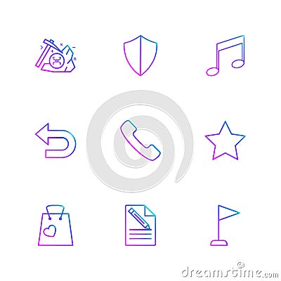 sheild , music, back , phone, star , shopping bag , file , docu Vector Illustration