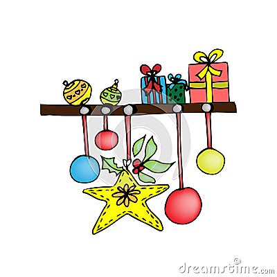 Shelf with Christmas presents. Colored illustration on white Cartoon Illustration