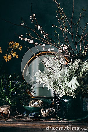 Shelf with a composition of blossoming apple trees, snowdrops, lavender and daffodils Stock Photo