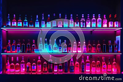 Shelf filled with lots of bottles of different types of alcohol in different colors. Generative AI Stock Photo