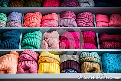 Shelf filled with lots of different colored yarns and hats. Generative AI Stock Photo