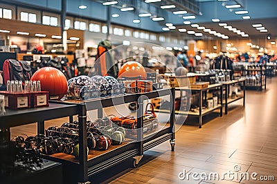 A shelf filled with lots of different types of sports equipment in sports big store Stock Photo