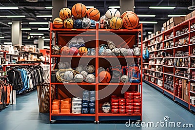 A shelf filled with lots of different types of sports equipment in sports big store Stock Photo