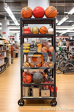 A shelf filled with lots of different types of sports equipment in sports big store Stock Photo