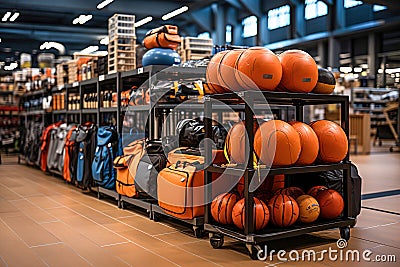 A shelf filled with lots of different types of sports equipment in sports big store Stock Photo