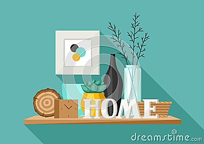 Shelf with home decor. Vase, picture and plant. Vector Illustration