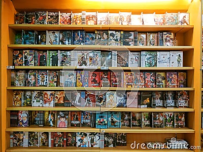 Shelf of manga comic sale on local bookstore in Indonesia. Editorial Stock Photo