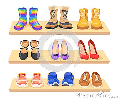 Shelf shoes. Shelves closet shoe rack, store showcase fashion dressing wardrobe for pair elegant women or sport boot Vector Illustration