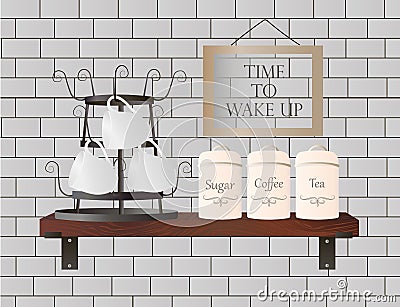 Shelf with stand with cups and containers Vector Illustration