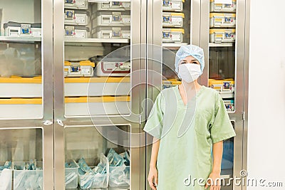 Shelf with sterile medical instruments Stock Photo