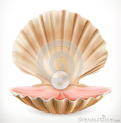 Shell with pearl. Clam, oyster 3d vector icon Vector Illustration
