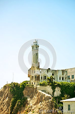 The Old Abandoned Lighthouse of Alcatraz, off the bay of San Francisco Stock Photo