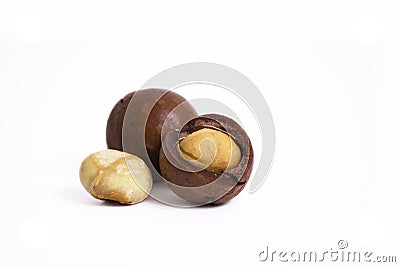 Shelled macadam nut closeup on a white background Stock Photo