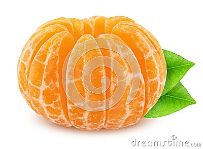 Shelled mandarin with leaf isolated on white background Stock Photo