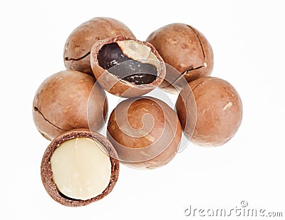 Shelled and unshelled macadamia nuts Stock Photo