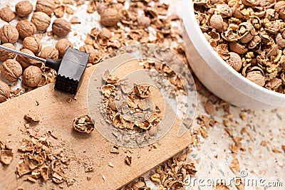Shelling walnuts Stock Photo