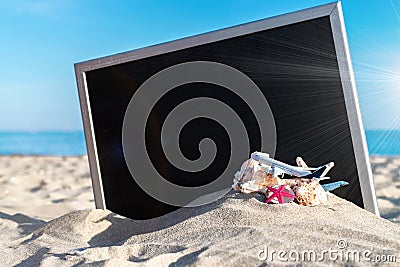 Shells background. Globe, seashell, airplane and starfish near black desk on sea beach in sunny day. Exotic tropical beach with Stock Photo