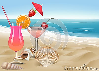Shells and cocktails on the beach Vector Illustration