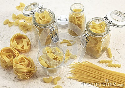 Shells, Macaroni, Spaghetti, Tagliatelle and Twisted Pasta Stock Photo