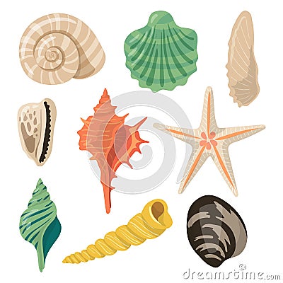 Shells of sea in sand. Aquatic vector icons in cartoon style Vector Illustration