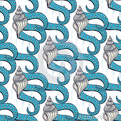 Shells seamless pattern with octopus tentacles. Hand drawn vector marine background. Art print Vector Illustration