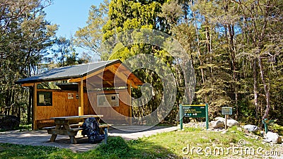 Shelter at the Brown River start of the Heaphy Track Editorial Stock Photo