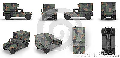 Shelter HMMWV Military Hummer on white. 3D illustration Cartoon Illustration