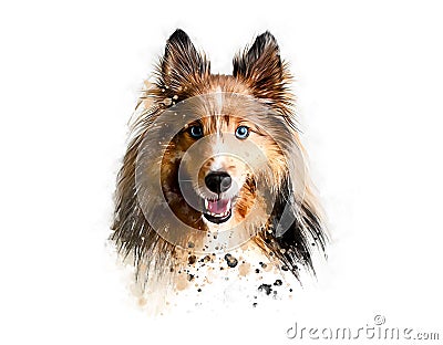 Sheltie. Portrait dog. Watercolor hand drawn illustration on white background. Cartoon Illustration