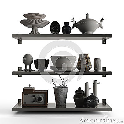 Shelves with an array of various unique vases on display, 3D rendered Stock Photo