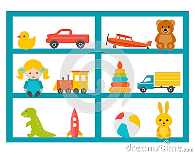 Shelves with children toys set, vector illustration. Vector Illustration