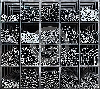 Shelves of different metal products. Profiles and tubes. Cartoon Illustration