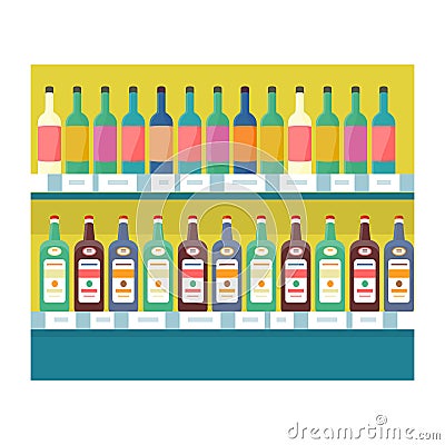 Shelves with Drinks in Grocery Store Vector. Vector Illustration
